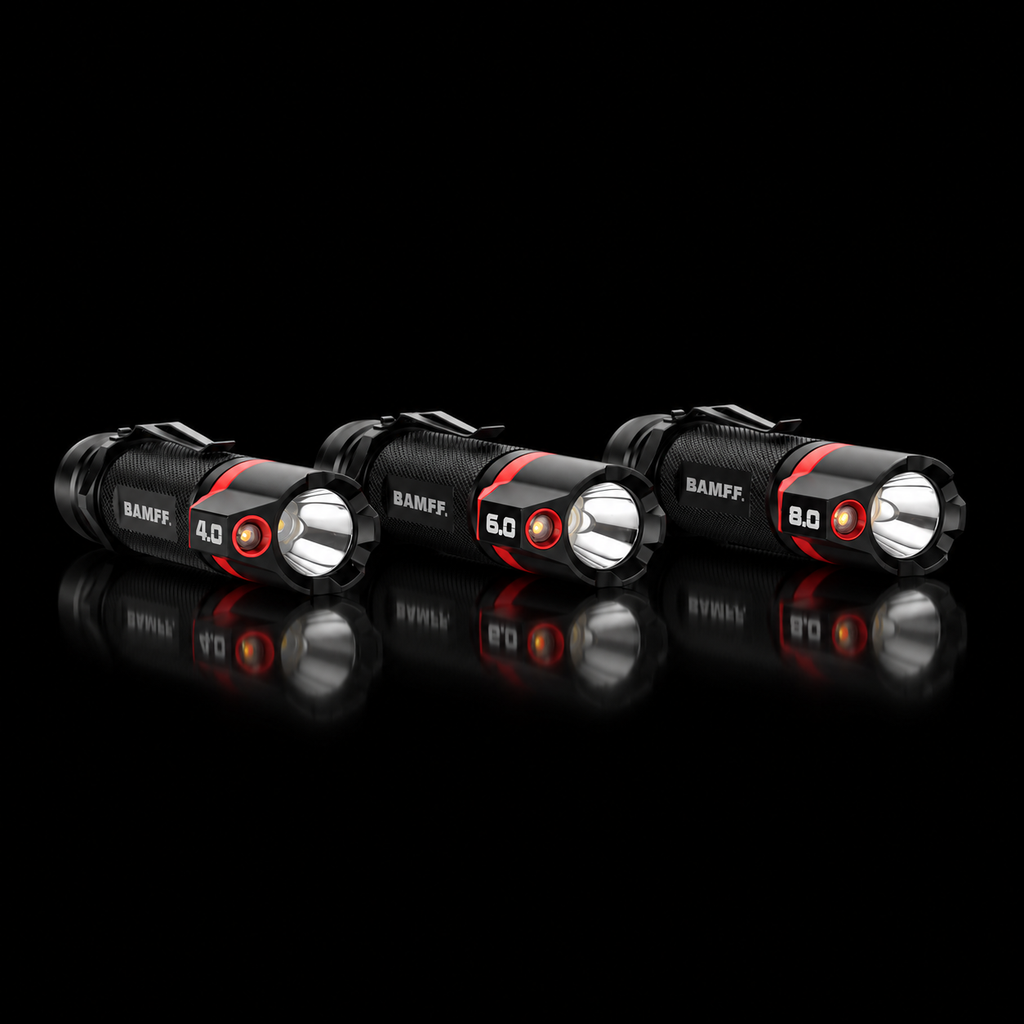 BAMFF 4.0, 6.0, and 8.0 flashlight comparison on black