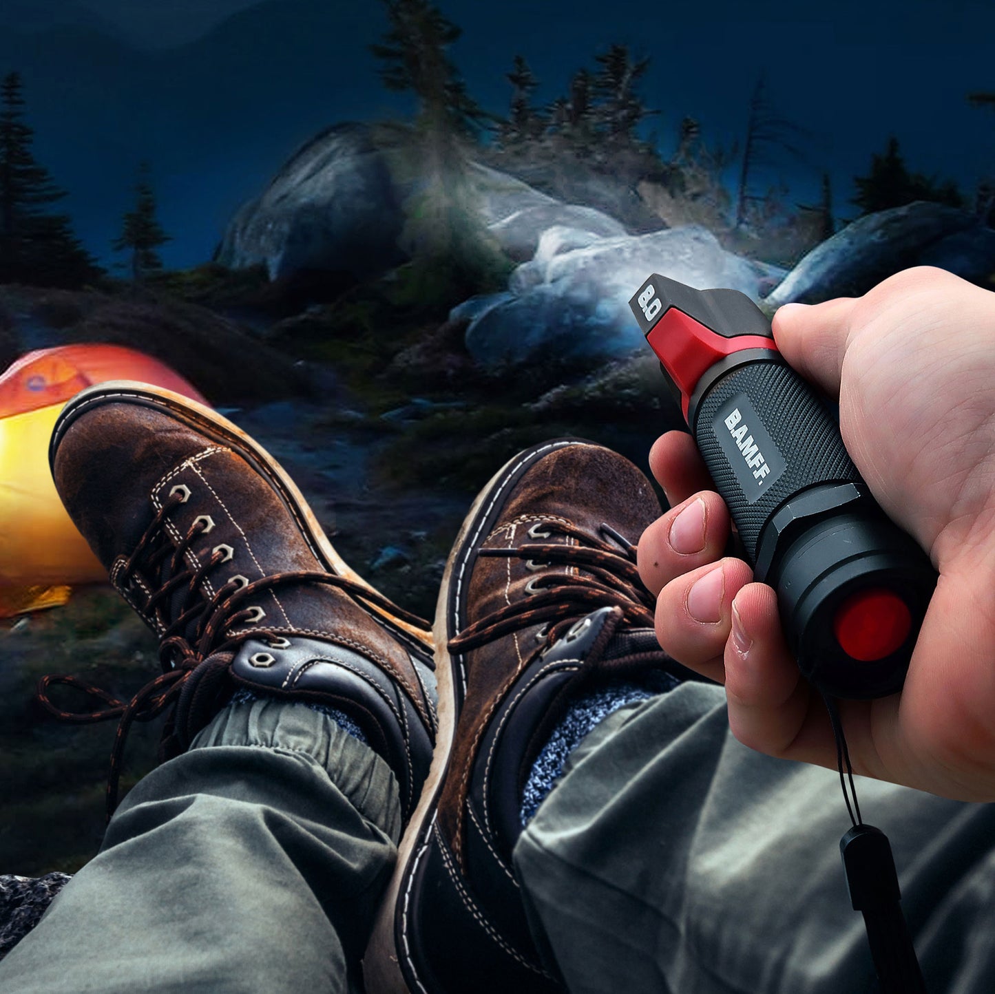 BAMFF 8.0 Camping night shot. POV angle looking out over a pair of boots at a dark mountainous scene at night.