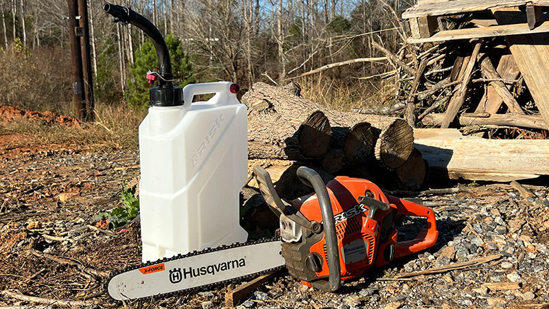 Utility Jugs collection poster featuring an EZ Utility jug with hose bender sitting next to a Husqvarna chainsaw.