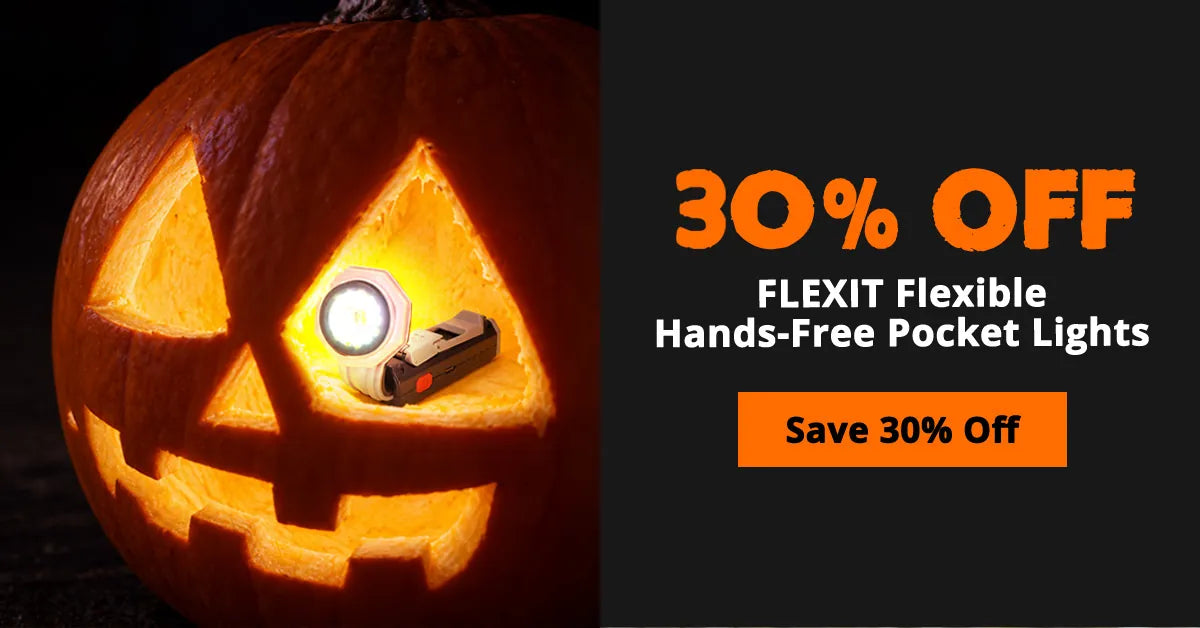 FLEXIT Pocket Light inside a glowing jack-o'-lantern